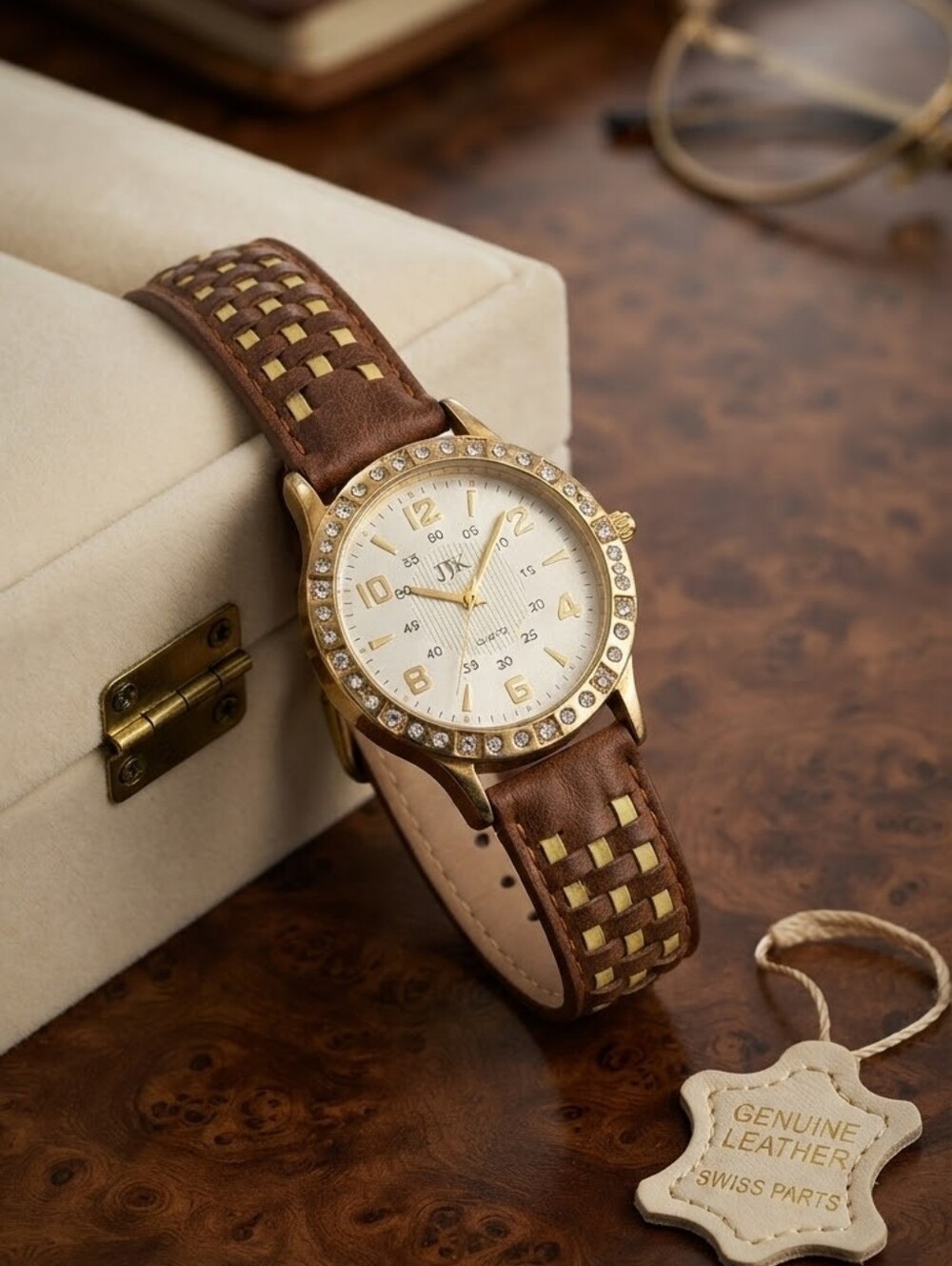 JBK Gold Tone Rhinestone Bezel Woven Leather Strap Quartz Watch